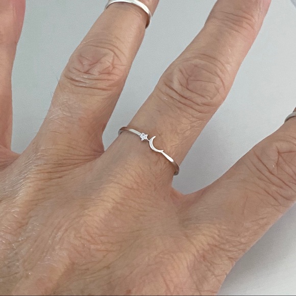 🌙 TOP SELLER🌙 Silver Tiny Crescent Moon and CZ Star Ring, Silver Rings Celestial - Picture 7 of 9